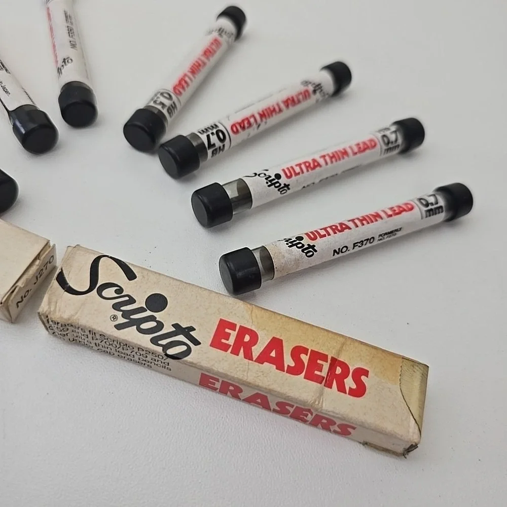 Vintage Scripto F350 & F370 Ultra Thin Lead Pencil Refill Set of 7 Plus Erasers!